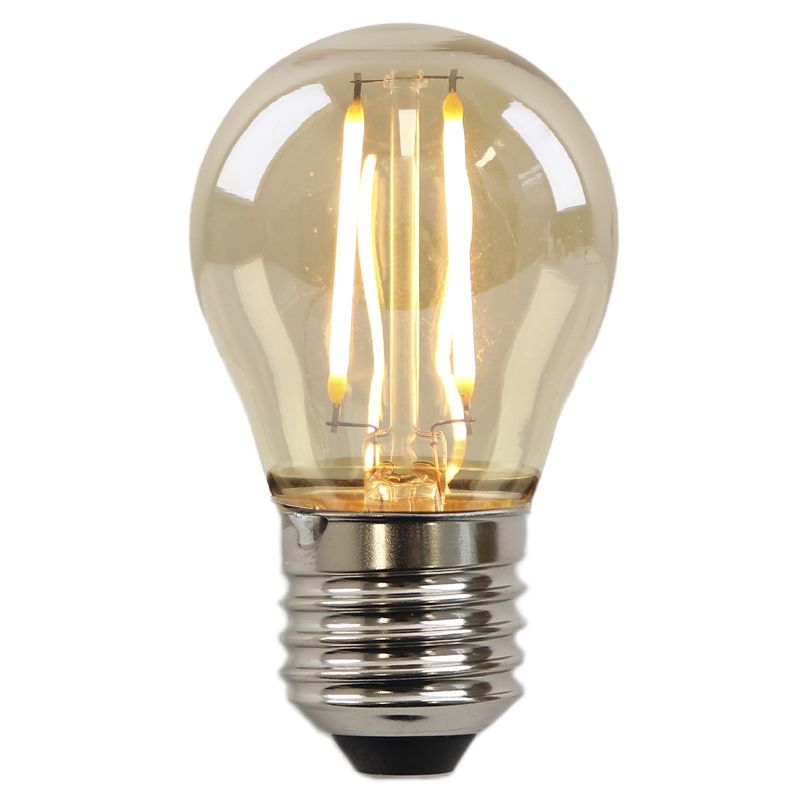 Szabályozható E27 Olucia LED izzószálas lámpa Melchis, borostyánszínű, P45, 2W, 2200K