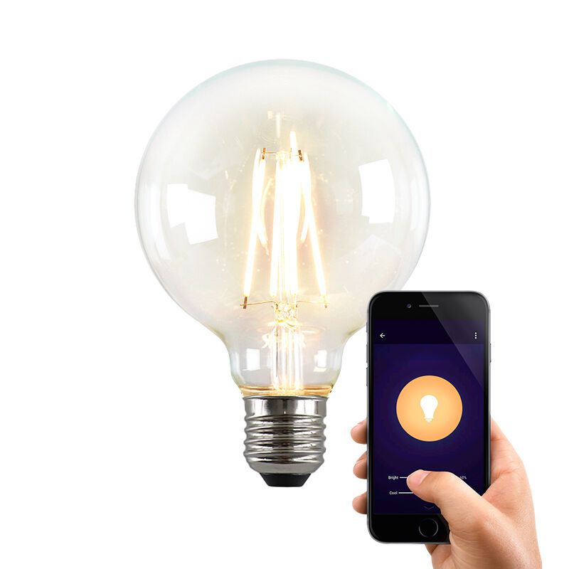 Olucia okos LED lámpa E27 George, G95, 5W, meleg fényűre szabályozható