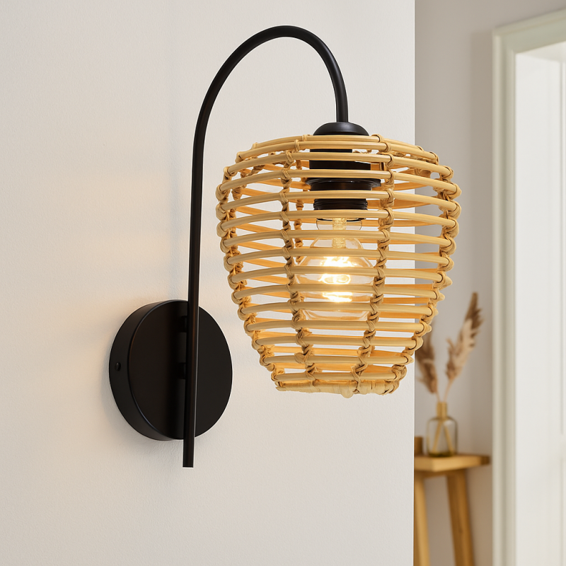 Rattan fali lámpa barna, Irene, kapcsolóval