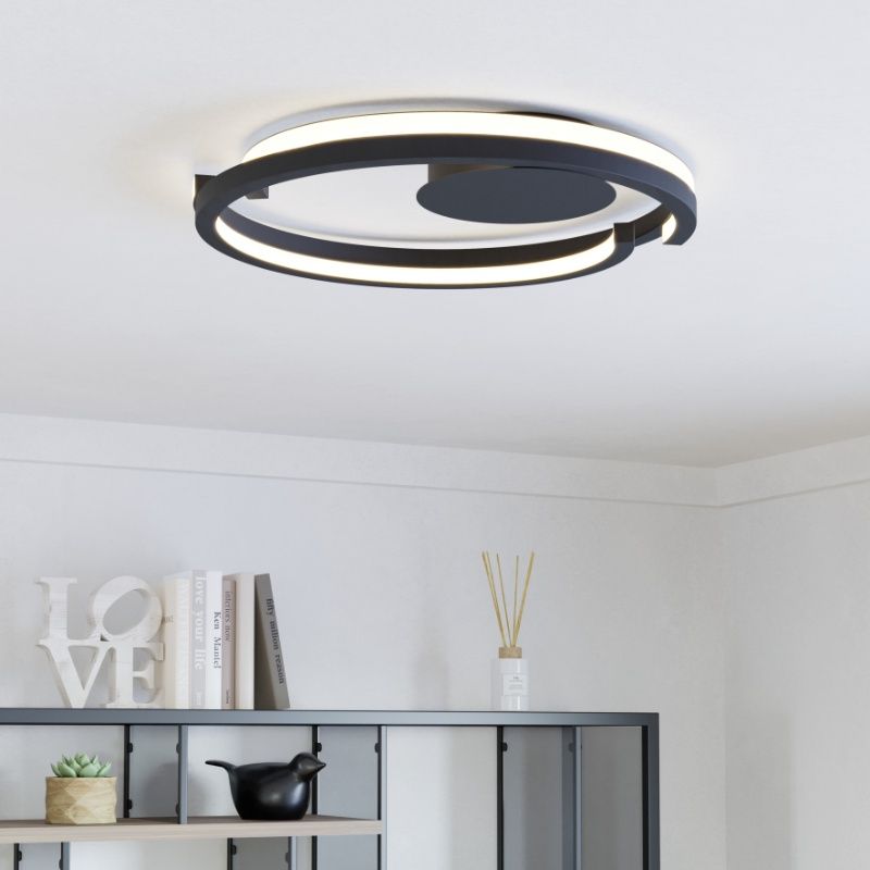 Retro műanyag plafon lámpa fekete, Madhvi, 20 W, melegtől hidegig állítható fehér LED, távirányítóval