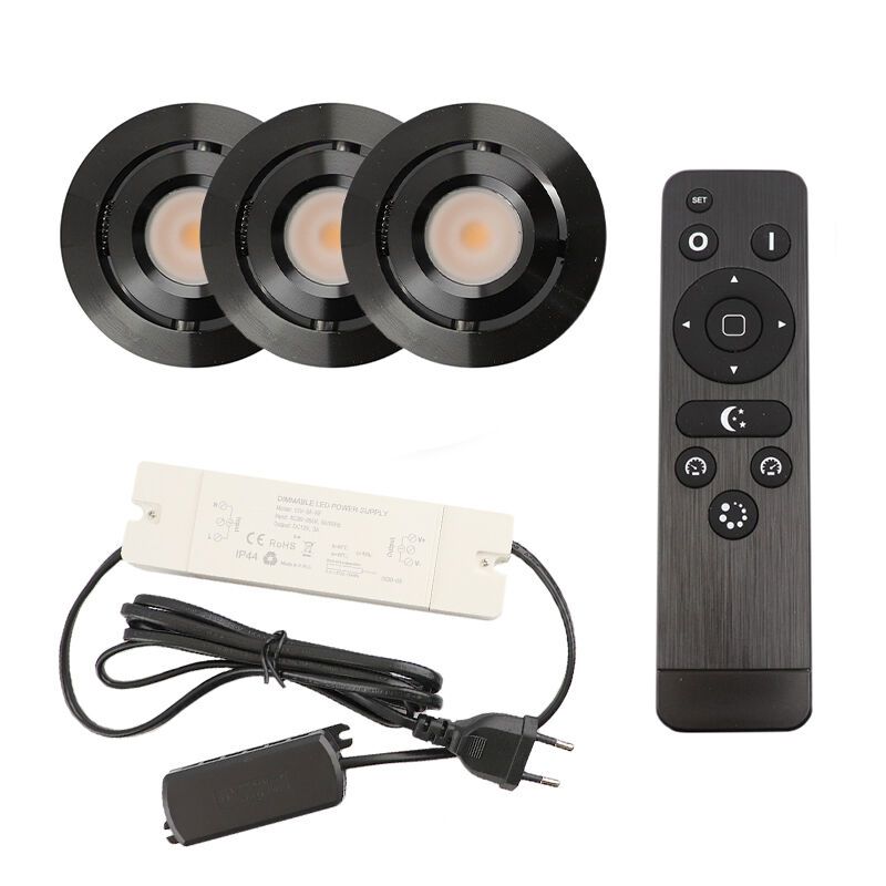 Alumínium terasz beépíthető spotlámpa fekete, Rona, 3 W, 2700 K LED, IP44, távirányítóval