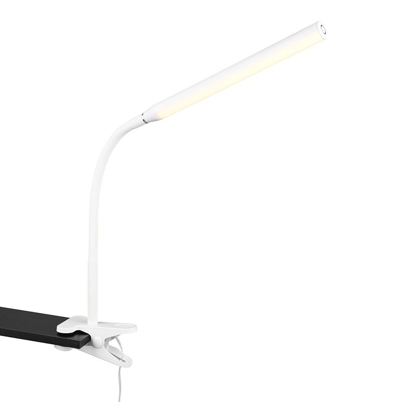 Fehér műanyag csiptetős lámpa, Rommert, 5 W, melegtől hidegig állítható fehér LED, kosketushimmentimellä
