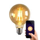 Olucia George okos LED lámpa, E27, borostyán, G95, 5W, meleg fényűre szabályozható