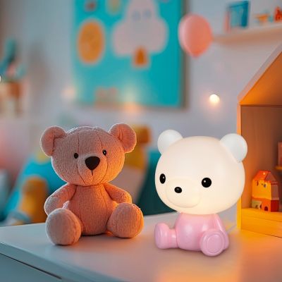 Rózsaszín műanyag gyerek asztali lámpa, Lumibear, 0,3 W, RGB LED, kapcsolóval